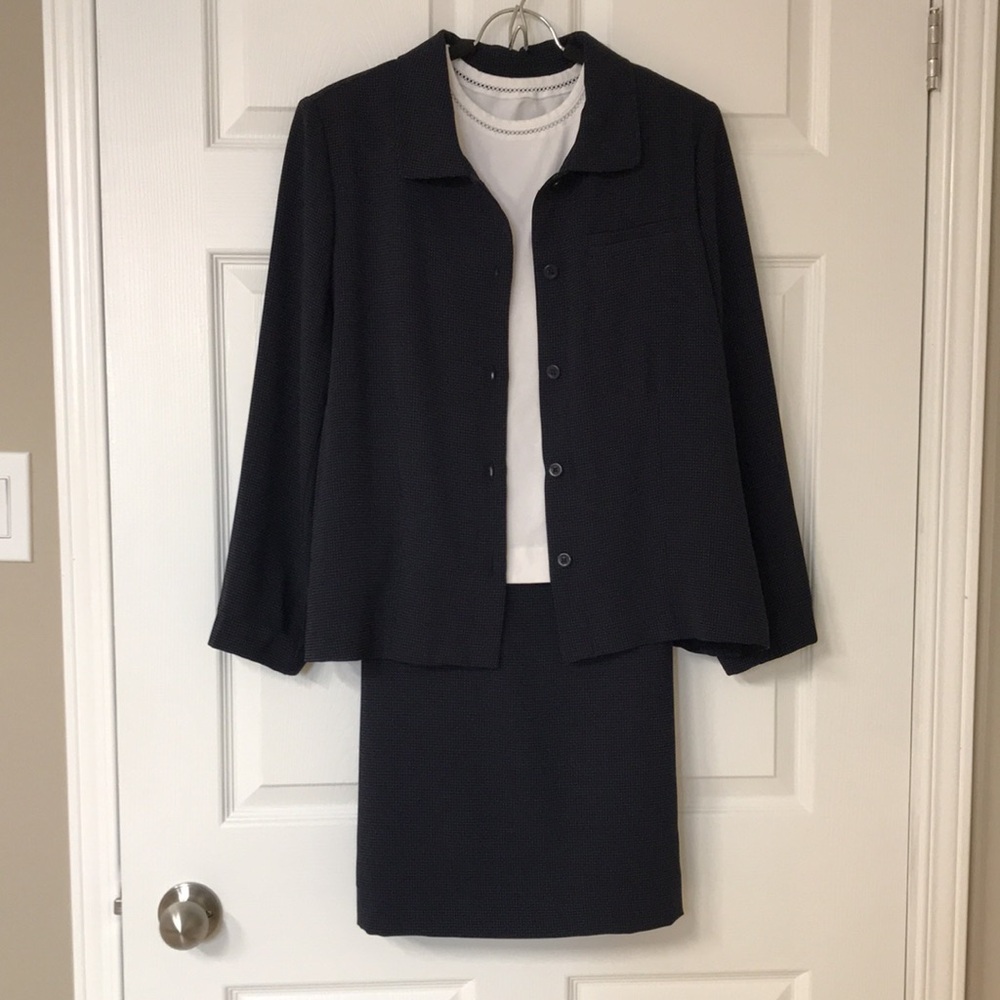 Vintage Lindor Midi Skirt Set; Navy w Mini White Polka Dots; 2 Piece, Size 14P